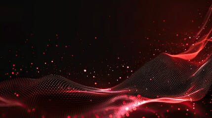 An abstract wave of red digital particles flowing over a dark background with a bokeh effect