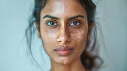 a beautiful indian women after beauty treatment, she has pigmentation on left cheek and clear nice 