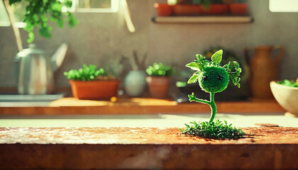 Adorable little plant character with thumb up on a rustic wood table top in a garden shed.
