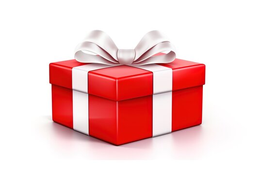 A red gift box with a white ribbon on a white background