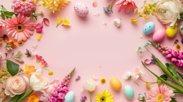 a colorful Easter background with colorful flowers and easter eggs, center of the image is clean