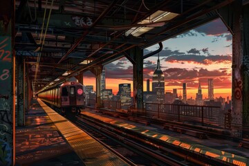 Sunset View of the New York Skyline from an Elevated Subway Station with Approaching Train