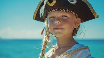 Child in a pirate hat adventure on the high seas vibrant background copyspace for storytelling and...
