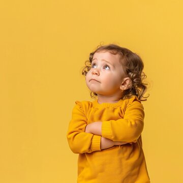 Child in a thinking pose little philosopher solid color background copyspace for wonder and questions