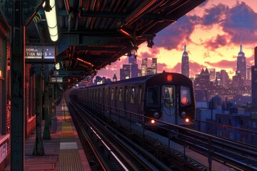 Sunset View of the New York Skyline from an Elevated Subway Station with Approaching Train - obrazy, fototapety, plakaty