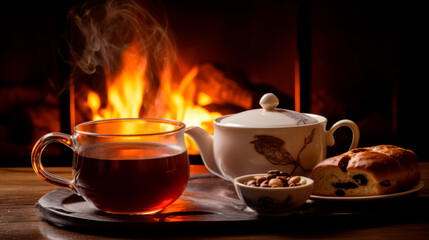 A cozy scene unfolds with a hot cup of tea, teapot, nuts, and raisin bread by a glowing fireplace, weaving an ambiance of comfort and warmth.