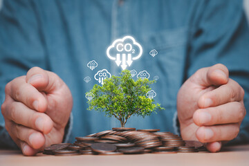 Businessman hand protecting heap of coins and tree with carbon reduction icon for decrease CO2 , carbon footprint and carbon credit to limit global warming from climate change and circular economy. - obrazy, fototapety, plakaty