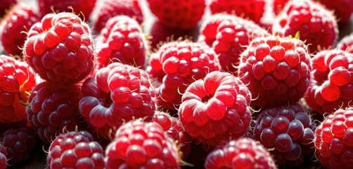 a bunch of red raspberries sitting next to each other on top of a pile of other raspberries.