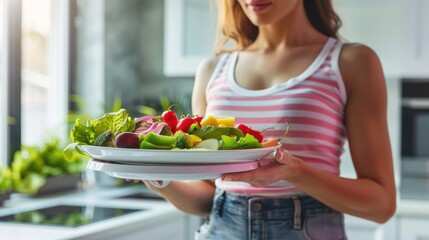 a fitness woman weighing a plate of food. clean background