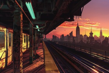 Obraz premium Sunset View of the New York Skyline from an Elevated Subway Station with Approaching Train