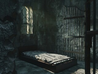 Gloomy and Desolate Prison Cell with Open Metal Bars
