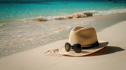 A hat and sunglasses is on a beach, high quality photo, beige, tropical landscapes, happenings