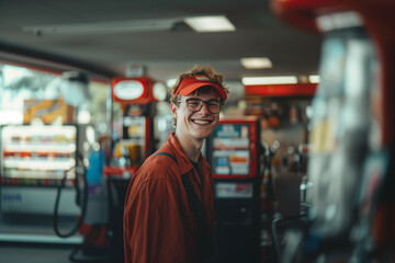 smiling gas station employee - obrazy, fototapety, plakaty