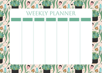Weekly planner with floral pattern. Flowers and leaves, tulips, succulent background for notes.