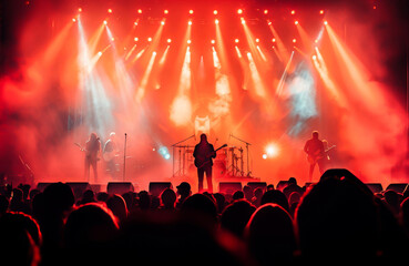 A live band performs on stage at a concert with a silhouette of a crowd under red stage lights.