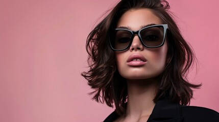 Fashionable woman in sunglasses chic pose neutral background copyspace for style trends