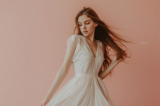 Elegant woman in a flowing dress poised against a soft hued background copyspace for fashion insights