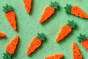 Composition with cute carrots on green background, easter concept