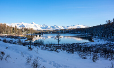 View of Kidelyu lake on Ulagan Highlands in Altay mountains