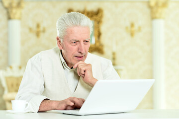 Fototapeta premium Portrait of thoughtful senior man with laptop
