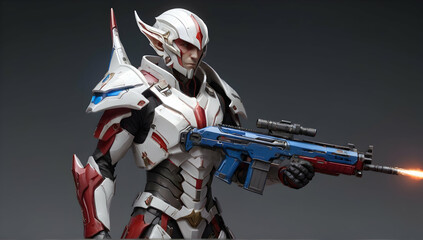 high elf sci fi soldier wearing heavy sci fi armor, white and red and blue armor, male, holding a...