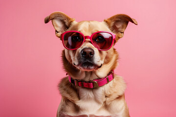 A dog wearing sunglasses and a pink collar. The dog is smiling and looking at the camera. The image has a playful and fun mood
