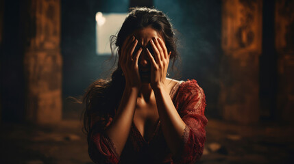 Woman covers her face with hands, embodying despair or shame against a dramatic backdrop. A vivid portrayal of emotional pain, regret, and the complexity of personal turmoil and mental anguish. - obrazy, fototapety, plakaty