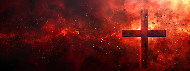 The concept of Easter and religion. Abstract banner with a wooden cross on an abstract red background with a place for text. - obrazy, fototapety, plakaty