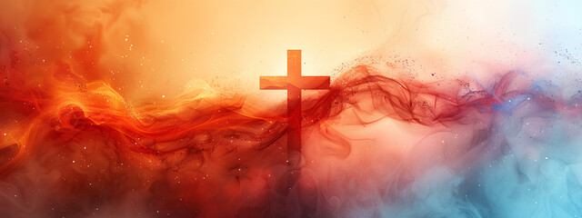 The concept of Easter and religion. Abstract banner with a wooden cross on an abstract red background with a place for text.