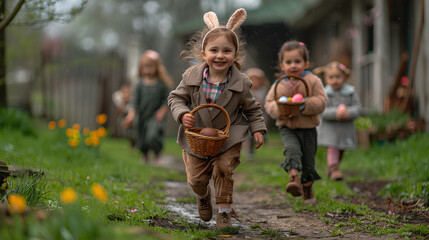 Happy Easter children run with a basket full of eggs. Bright Easter.