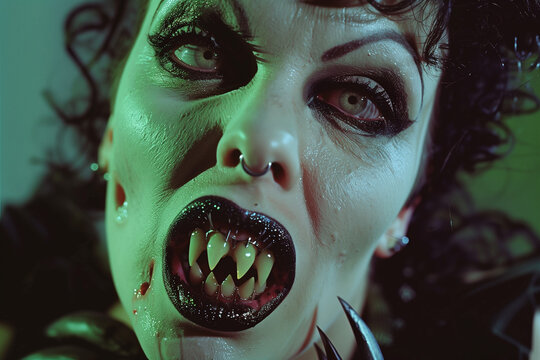 retro vampire horror movie character actress vintage colorized photo, green halloween villain makeup with sharp teeth