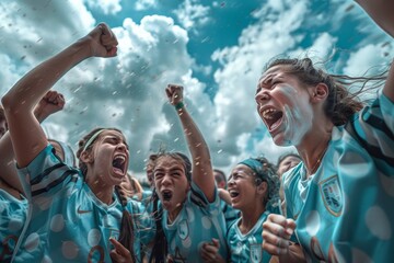 Jubilant Female Soccer Team Celebrating Victory Under Open Skies