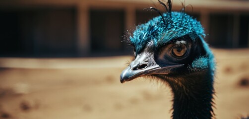 a close up of an ostrich's head with a building in the background and a building in the foreground.
