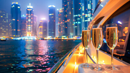 Champagne glasses lined up on a luxury yacht with a sparkling cityscape in the background during a festive night. - obrazy, fototapety, plakaty