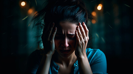 Anguished woman grips her temples in dim lighting, signaling severe headache or overwhelming stress. A poignant depiction of mental health struggles, pain, and the quest for stress relief.