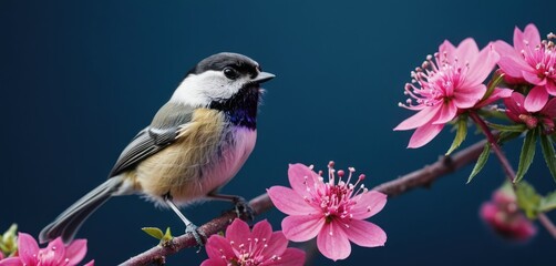 a bird perched on a branch with pink flowers in the foreground and a dark blue sky in the background.
