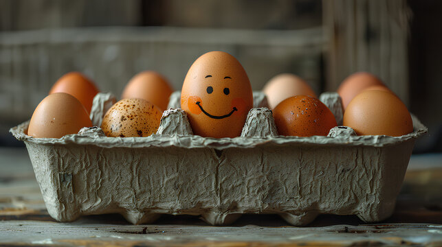 A smiley face on an egg in the egg tray. The concept of a happy Easter.
