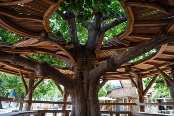 Obraz premium A wooden structure inside of a tree to use as a seating area, in the style of cluj school