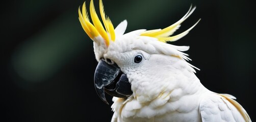 a close up of a white and yellow bird with a yellow mohawk on it's head and a black background.