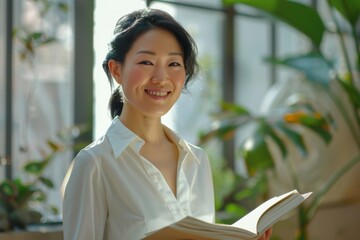 Smiling Woman Holding a Notebook in a Bright Office Environment