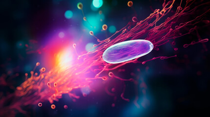 Singular, purple bacterium-like object with trailing cilia set against a vibrant, multicolored backdrop. A scientific art piece depicting vibrant microbial life with glowing, detailed realism.