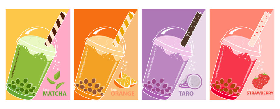 Vector illustration of a latte drink with strawberry, matcha, orange and taro flavors in a transparent plastic glass and a brown straw
