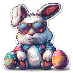 Easter bunny with glasses with bright colored Easter eggs, sticker, label.