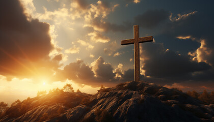 a large wooden cross against a background of clouds at sunset. concept of belief in god. composition of religion.