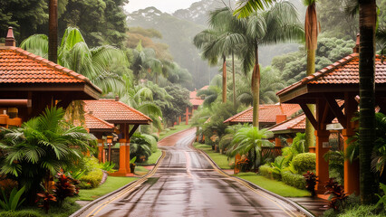 A serene view of a wet road winding through a luxurious tropical resort with lush greenery and relaxing vibes.
