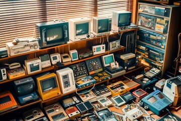 A diverse array of vintage electronics and retro gadgets, showcasing the evolution of technology and gaming.