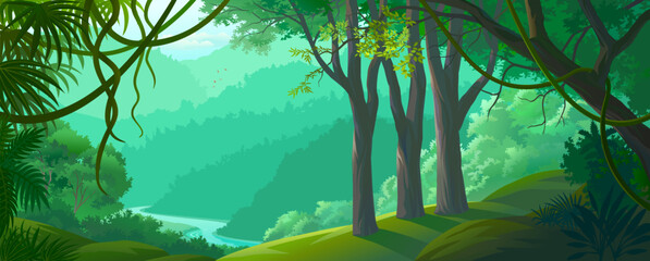 Misty green forest with creepers, trees, mountains, rivers and grass fields.