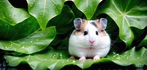 a brown and white hamster sitting on top of a lush green leafy plant covered in drops of water.