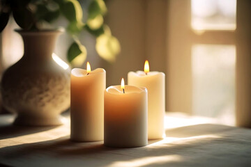 Obraz na płótnie Canvas Tranquil ambiance with three candles lit in a serene setting, offering a peaceful vibe. Perfect to adorn relaxation and meditation spaces with warm light.