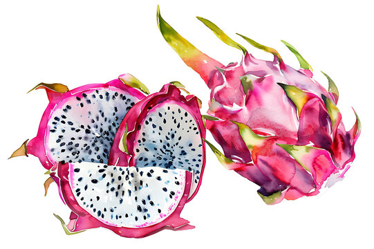 watercolor painting realistic Dragon fruit with slices isolated on white background. Clipping path included.